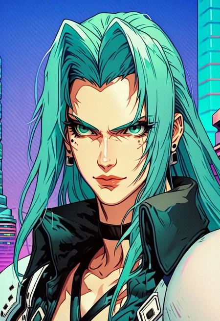 score_9, score_8_up, score_7_up, asymmetrical composition, vaporwave, Lofi, Sephiroth looking board slumped on a stoop overlooking ShinRa tower, shoulder armor, stickers, outline,transparent background