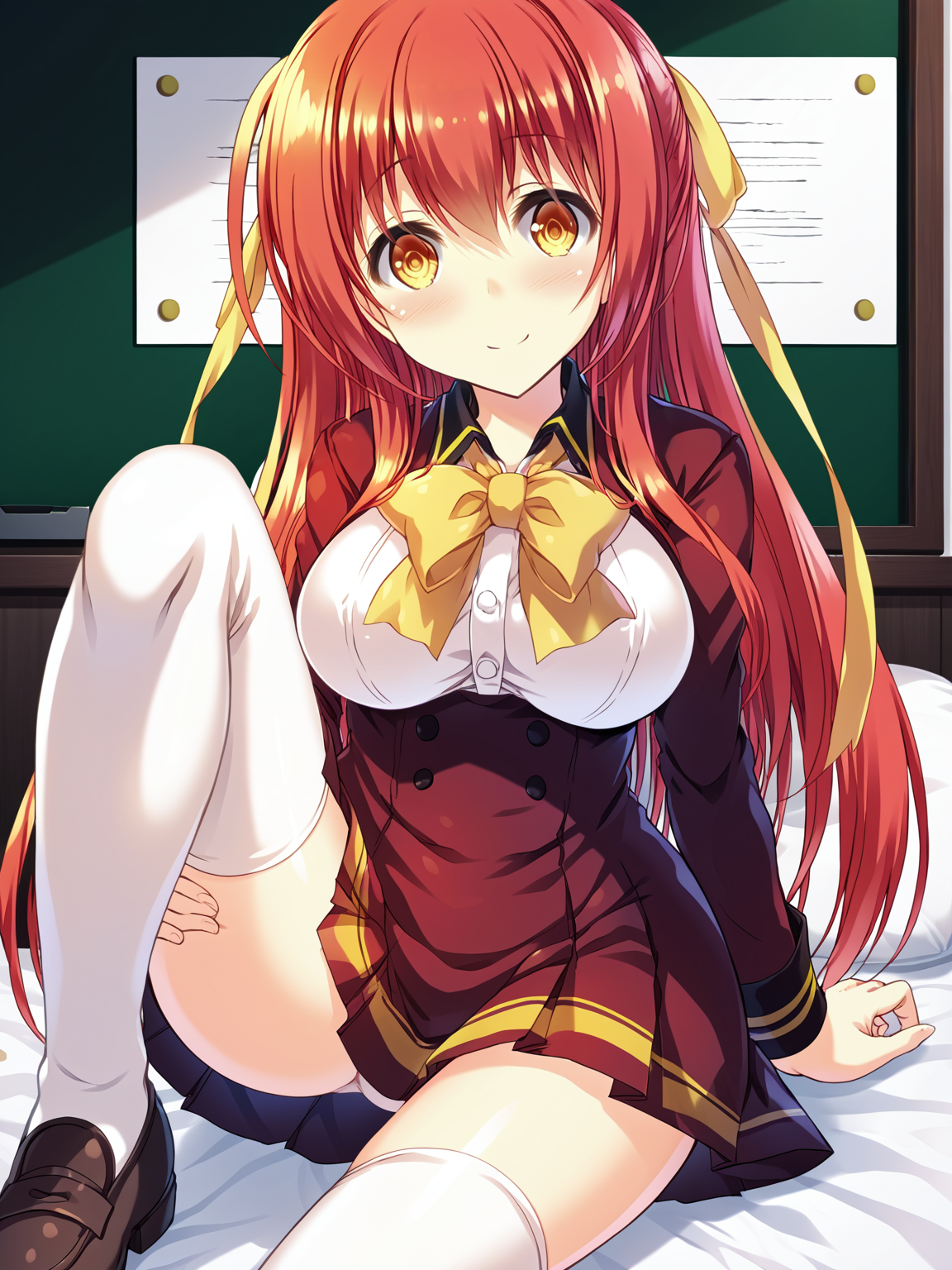 <lora:Escude_-_Yamizome_Liberator_-_All_in_One:1>,adjusting clothes,adjusting legwear,leg up,sitting,schoolhikari,escude,hiyori,1girl,solo,thighhighs,long hair,white thighhighs,school uniform,red hair,breasts,looking at viewer,shoes,large breasts,zettai ryouiki,hair ribbon,blush,bow,ribbon,skirt,indoors,bedroom,light smile,on bed,, score_9, score_8_up, score_7_up,source_anime,(masterpiece),(best quality),(ultra-detailed),(best illustration),(best shadow),(absurdres),(detailed background),(very aesthetic),source_anime