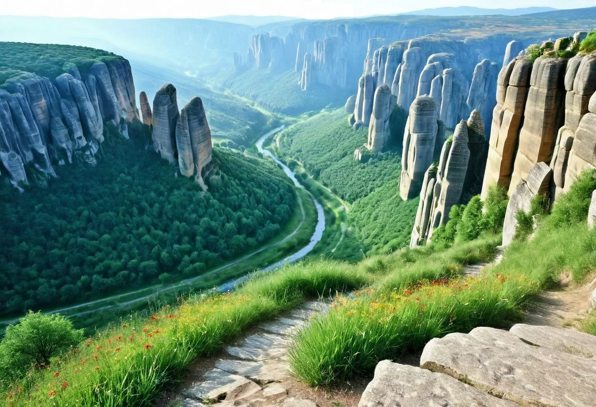 lazypos
masterful use of light and shadow, masterful composition following the rule of thirds, chiaroscuro, dappled sunlight, oil painting in the tradition of the hudson river school, masterful attention to light and atmospheric perspective, traditional media, epic scenery, rule of thirds, meteora, greece, view from the top of a cliff, a rugged rocky ledge with wild grass and small patches of wildflowers in the foreground, bathed in the light of a late afternoon, a labyrinth of towering sandstone pillars rising majestically from the misty valley, in the distance an ancient medieval monastery, a cluster of austere, weathered stone buildings with red-tiled roofs, is perched atop one of the highest rock formations, its rough-hewn walls blending harmoniously with the rugged landscape, wooden balconies jutting over the precipice, narrow arched windows peering out over the vast scenery, conveying an air of solitude and resilience, dramatic cliffs and vertical rock faces dominate the foreground, their textured surfaces catching the interplay of sunlight and shadow, delicate tufts of vegetation clinging to the craggy formations, adding depth and contrast to the scene, the middle ground reveals a lush, rolling valley stretching into the distance, covered in dense greenery, cypress trees, and wildflowers, centuries-old winding footpaths weave through the terrain, a small river meanders through the valley,