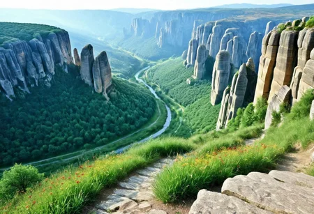 lazypos
masterful use of light and shadow, masterful composition following the rule of thirds, chiaroscuro, dappled sunlight, oil painting in the tradition of the hudson river school, masterful attention to light and atmospheric perspective, traditional media, epic scenery, rule of thirds, meteora, greece, view from the top of a cliff, a rugged rocky ledge with wild grass and small patches of wildflowers in the foreground, bathed in the light of a late afternoon, a labyrinth of towering sandstone pillars rising majestically from the misty valley, in the distance an ancient medieval monastery, a cluster of austere, weathered stone buildings with red-tiled roofs, is perched atop one of the highest rock formations, its rough-hewn walls blending harmoniously with the rugged landscape, wooden balconies jutting over the precipice, narrow arched windows peering out over the vast scenery, conveying an air of solitude and resilience, dramatic cliffs and vertical rock faces dominate the foreground, their textured surfaces catching the interplay of sunlight and shadow, delicate tufts of vegetation clinging to the craggy formations, adding depth and contrast to the scene, the middle ground reveals a lush, rolling valley stretching into the distance, covered in dense greenery, cypress trees, and wildflowers, centuries-old winding footpaths weave through the terrain, a small river meanders through the valley,