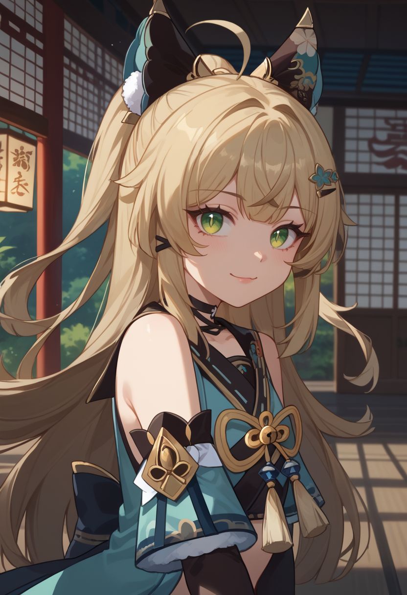 score_9, score_8_up, score_7_up, source_anime, 1girl, kiraradef, blonde hair, green eyes, long hair, ahoge, animal ears, hair ornament, hairclip, two tails, multiple tails, cat tail, detached sleeves, bare shoulders, crop top, tassel, black choker, standing, happy, :3, looking at viewer, indoors, shrine, portrait, close-up, facing viewer, upper body, <lora:Kirara_v1-000010:0.9>
