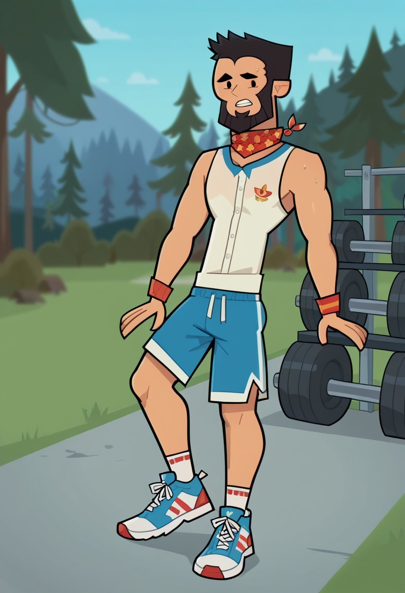 score_9, score_8_up, score_7_up, score_6_up, , flat color, FINN AGUDELO, 1boy, solo, nice skin, black hair, Black eyes, Black beard,  sleeveless shirt, shorts, sweatband, sneakers, tight clothing, outdoor, gym.
