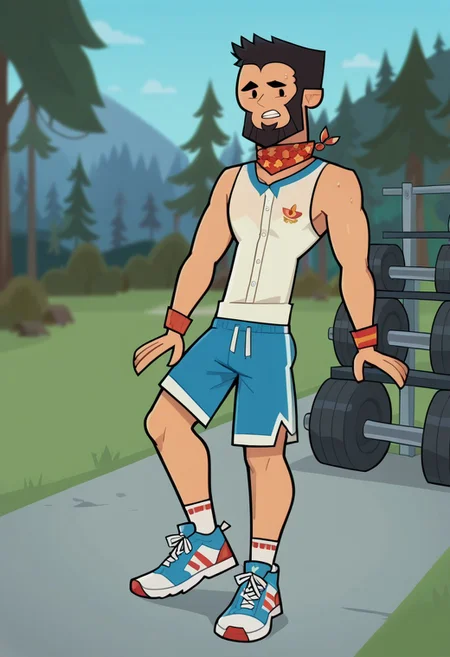 score_9, score_8_up, score_7_up, score_6_up, , flat color, FINN AGUDELO, 1boy, solo, nice skin, black hair, Black eyes, Black beard, sleeveless shirt, shorts, sweatband, sneakers, tight clothing, outdoor, gym.