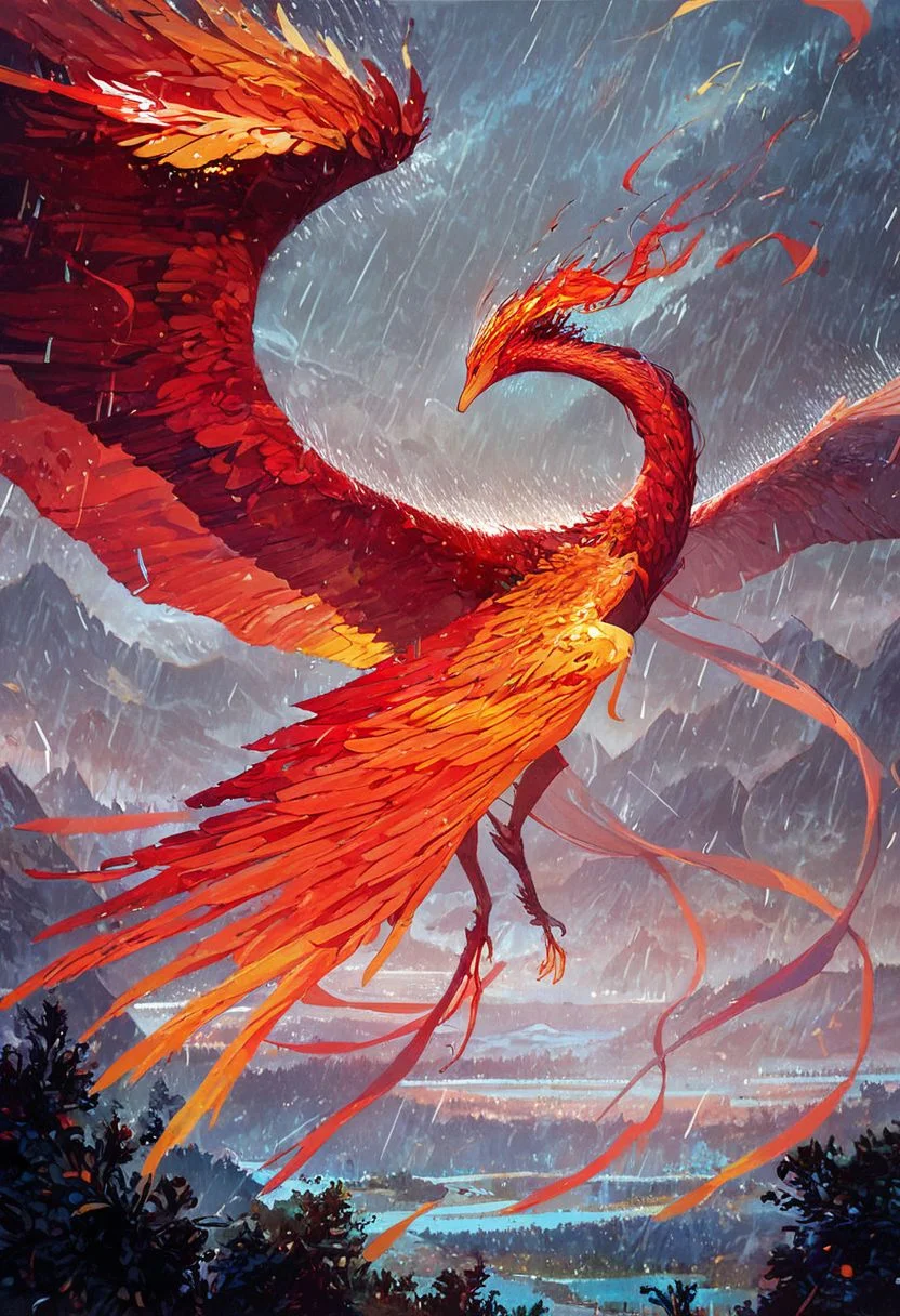 score_9, score_8_up, score_7_up, score_6_up, score_5_up, score_4_up, beautiful Phoenix in flight, closeup, long neck, saturated colors, streaking flames on wings, wind, rain, mountaintops, forests, sea, colorful, masterpiece, view from above looking down