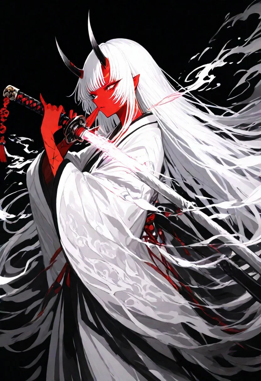 a dipiction of a samurai warrior wielding a katana, blending form with reality. Glitching the surreal with blurred dreams on a white background. Woven light fuses delicatly with whispering shimmers creating a eyecatching and masterpiece artwork. drifting fog, cracked light and smokey haze in floating threads finishes the dreamlike reality.
Aka-Oni, oni, red skin, straight horns, black and white hair, long hair, hanfu, black background,