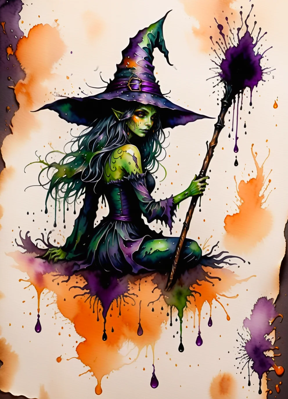 beautiful portrait of a Hallowen witch, green skin, ink stained hair, from behind sitting on a broomstick, ink dripping broomstick, broomstick brush, orange, purple, black gradients<lora:SDXLInkStainsFinal:1> Inkstains, high quality, beautiful, highly detailed, 8k, fantasy