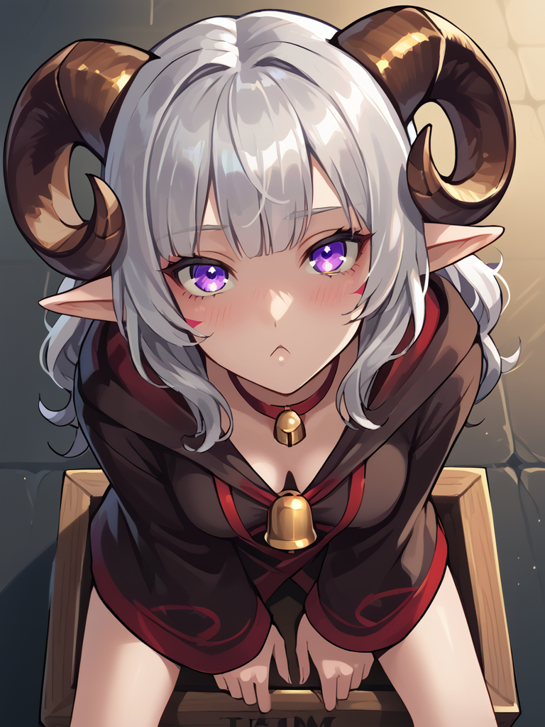 source_furry, score_7_up, rating_safe, gold necklace, tiefing, short pointed ears, brown horns, (a pair of brown sheep Horns that begin at her temples and curve back: 1.5), bangs, long silver hair long wavy hair, pale skin, short pointy ears, purple eyes, <lora:age_slider_v4:0.6>   medium breasts, skinny female, close up, silver hair, <lora:Tieflingnew weird fantasyDND:0.3> Tiefling, pointed ears, horns, <lora:Smooth Style 2 SDXL_LoRA_Pony Diffusion V6 XL:0.5> bell, robe, hood off,  < <lora:whisker_markings:0.8>red whisker_markings, 
 <lora:Crate:0.8> sit on crate, sitting, full body, 
 <lora:breath_weapon:0.8> breath_weapon ,water  breath breath_up, head up, from above  ,