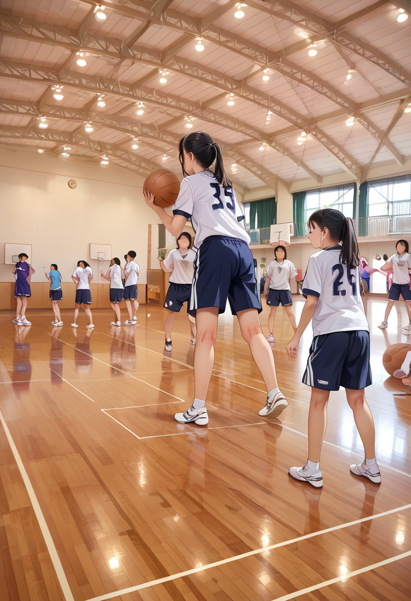 score_9, score_8_up, score_7_up, rating_safe, masterpiece, best quality, absurdres, unity 8k wallpaper, official art, official style, source_anime, uncensored, game cg, megami magazine,
taiikukan, indoors, sportswear, multiple girls, indoors, photo background, shorts, ball, 6+girls, ceiling light, black hair, ceiling, stage, wooden floor, gym uniform, sportswear, 
 <lora:gakkou_taiikukan_PONY_V1:1>