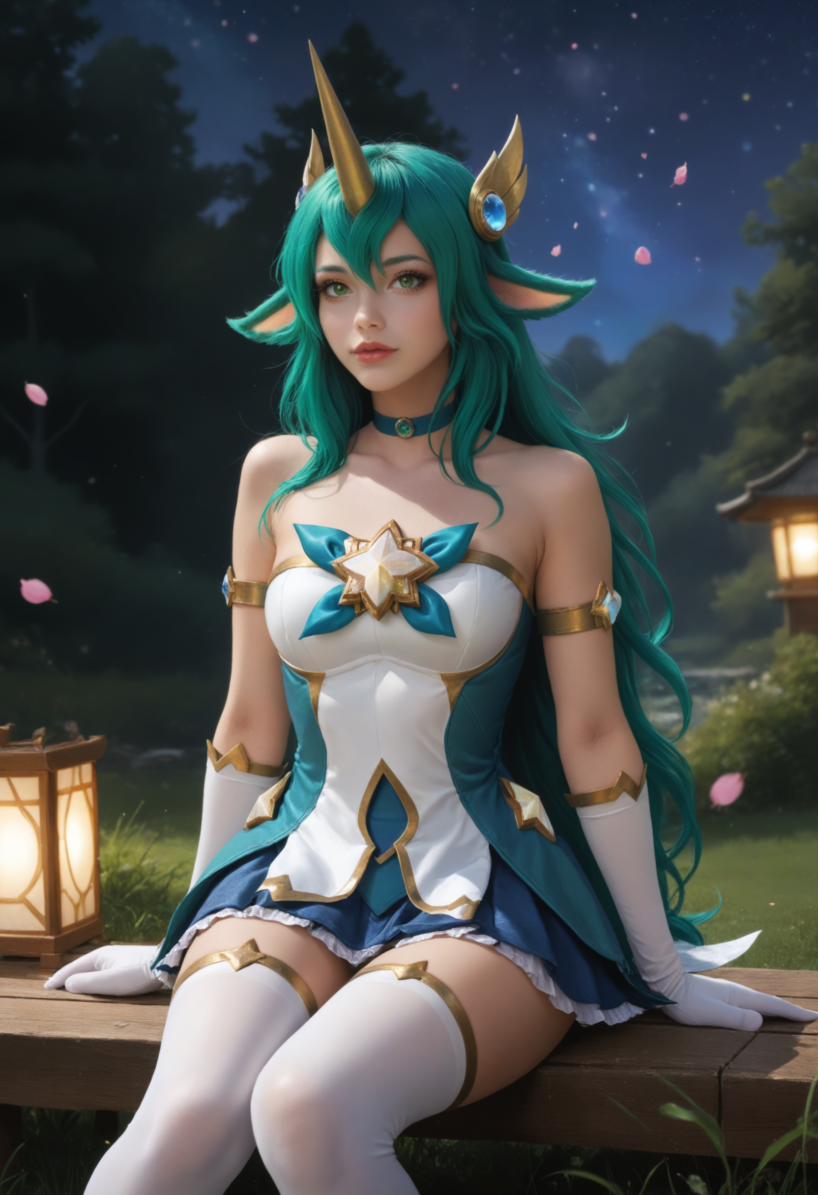 score_9, score_8_up, score_7_up, (masterpiece, best quality), 
1girl, solo, star guardian soraka, green eyes, long green hair, hair ornament, pointy animal ears,single horn, white elbow gloves, white thighhighs, green choker, pleated skirt, dress, bow gem,
outdoors, (night:1.2), sitting on trunk, cherry blossom forest,