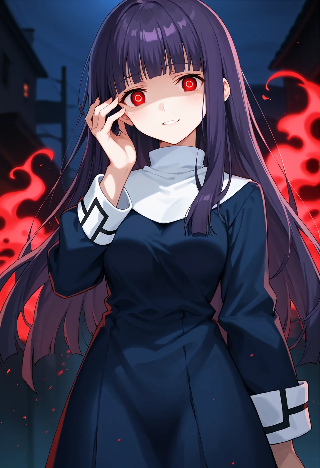 score_9, score_8_up, score_7_up, source_anime, rating_safe <lora:a_fujino_PONY-700007:1> a_fujino, 1girl, solo, long hair, purple hair, blunt bangs, red eyes, glowing eyes, glowing, blue dress, white turtleneck, long sleeves, long dress, sleeve cuffs, medium breasts, blush, looking at viewer, hand up, hand on own eye, evil smile, parted lips, cowboy shot, standing, night, aura, dark, shaded face, ,