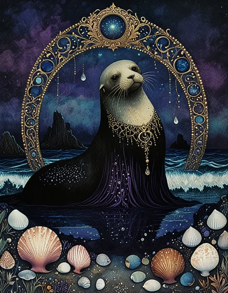novuschroma style sea lion by the shore with seashells art nouveau by harry clarke <lora:124_novuschromaSXL_a4:1>, <lora:sdxl_lightning_8step_lora:1>