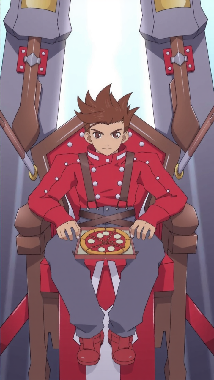 lloyd, sitting on a throne with a crown on his head and a box of pizza on his lap