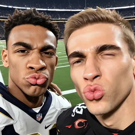 two pro football players, men, (puckering, squinting:1.4), taking a selfie, on a football field, uniform, shoulder pads, stadium lights, <lora:Emotion Puppeteer XL_epoch_17:0.8>