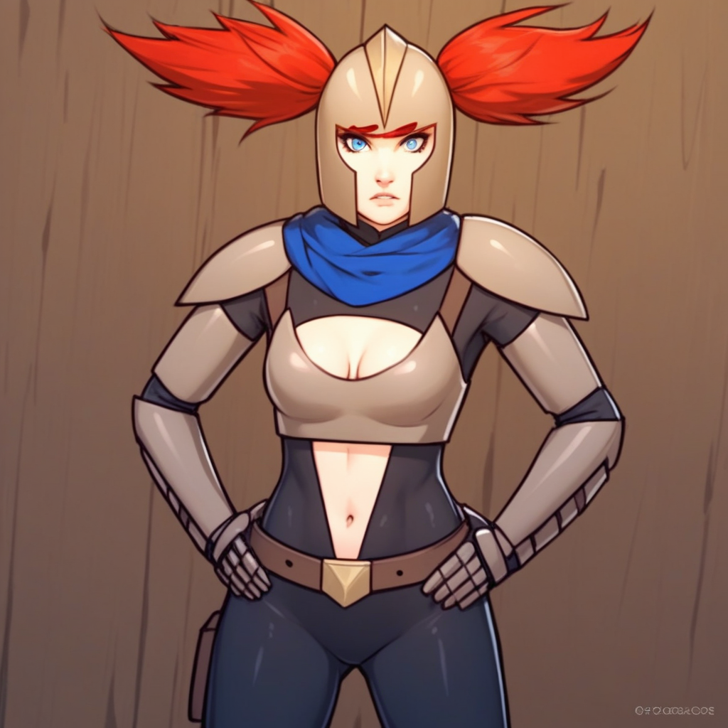 Score_9_up, source_8_up, source_7_up, source_realistic, BREAK, 1girl, solo, Jean, red hair, twintails, blue eyes, medium breasts, makeup, black bodysuit, helmet, blue scarf, center opening, cleavage cutout, breastplate, pauldrons, armor, belt, gauntlets, armor boots, standing, hands on hips,