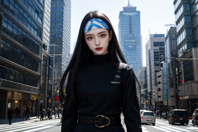 highly insanely detailed, masterpiece, top quality, best quality, highres, 4k, 8k, RAW photo, (very aesthetic, beautiful and aesthetic),  
beth_\(megami_tensei\),bethsmtii,shin megami tensei ii,long hair,black hair,straight hair,sleek black,jewelry,cross,headband,red_lipstick,Tokyo_Millennium,post-apocalyptic_city,dystopian_world,Order_of_Messiah,Religious_order,messianic_cult,divine_rulers,Millennium_News_Network,City_news,propaganda_broadcasts,information_contro, 
<lora:zs_Beth:0.5>, 
(1girl:1.3), 1other, 
street corner,celestial blue background,âââ