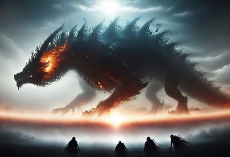 cinematic_photo, mad-abvthclds, clouds, mad-embr, fire, (giant_flaming_dragon:1.25) in the distance, (group_of_knights in the foreground:1.5), ominous, dark, chiaroscuro, low-key,