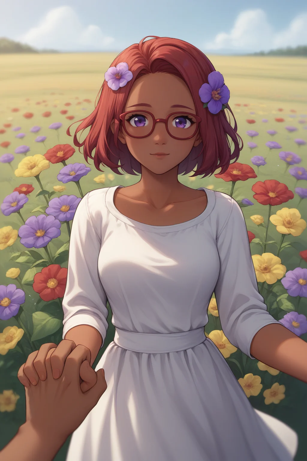 score_9, score_8_up, 1girl, solo, <lora:NSMaruStardew:1> NSMaruStardew, red hair, medium hair, dark skin, purple eyes, glasses, white dress, pov, holding hands, flower field, flower in hair