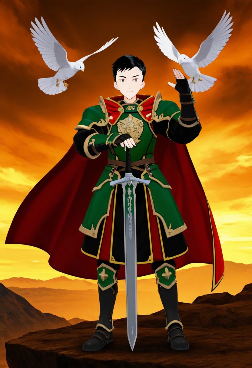 harmard, black hair, short hair, brown eyes, 1boy, solo, solo focus, young, youthful, he is dressed in a suit of dark iron platemail. Break. his right hand is holding up a black coloured sword, Properly holding the sword by the hilt, right hand up, brandishing a sword, his armour bears a crest of a yellow dove. fantasy armour. stylized silver dove emblems and symbols on armour and sheild. Break. epic background is a a beautiful palace. a strong wind is blowing his cape, green coloured armour, ready to fight pose, dawn sky in the background
