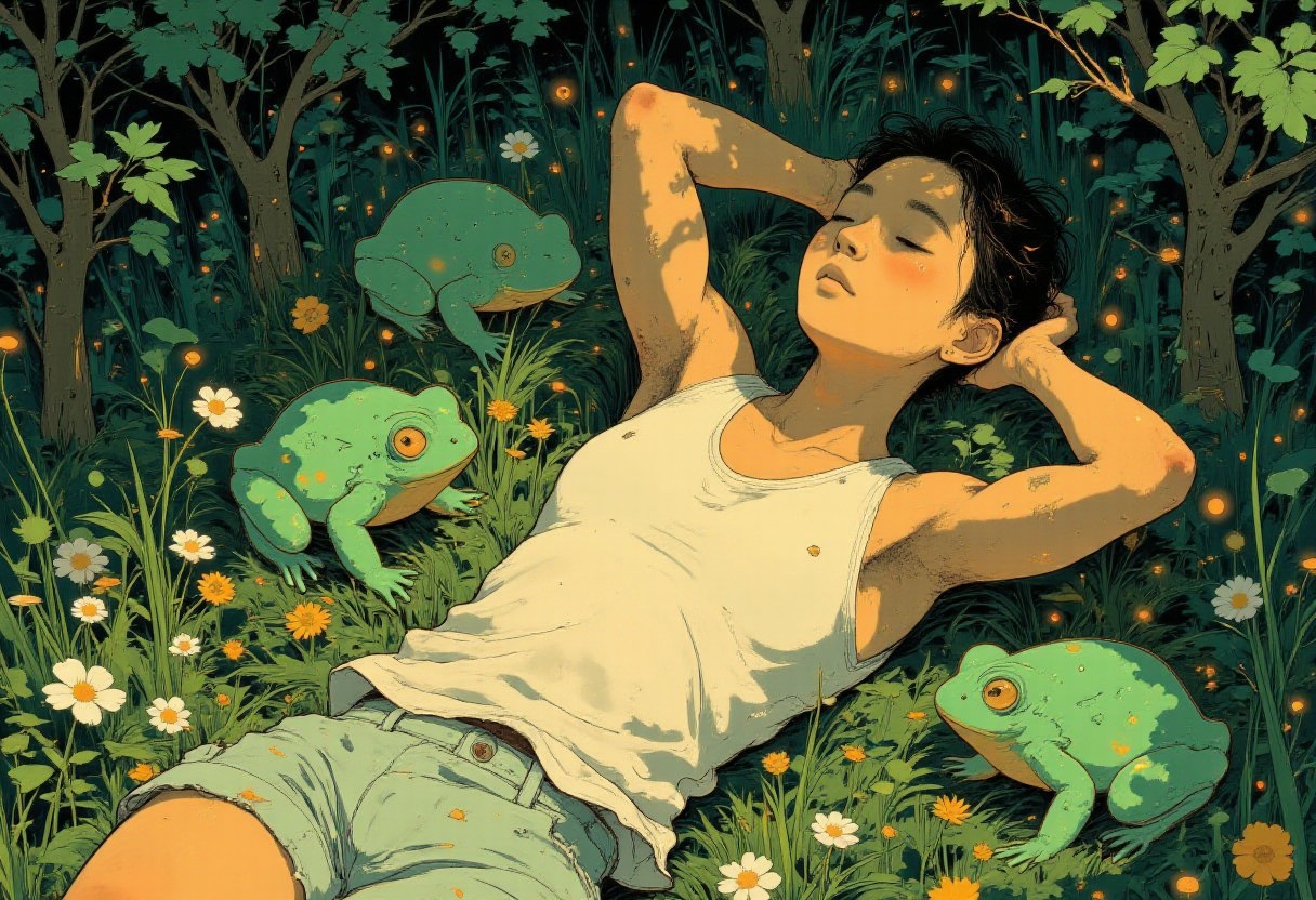 A tranquil anime-style illustration of a man lying on a lush green field surrounded by vibrant grass and small white flowers. He wears a simple white tank top, his arms relaxed behind his head, and his eyes closed, radiating peace and contentment. A group of frogs lie beside him, their eyes gently closed as they bask in the sunlight.
Sunlight filters through the leaves above, creating dappled patterns of light and shadow on his face and the grass. The background features dense greenery and a serene, natural atmosphere, emphasizing the quiet harmony between the man and her surroundings. The composition captures a moment of restful solitude in nature, with warm lighting and soft textures that highlight the peaceful mood.
<lora:Anime v1.3:1.2> <lora:Blue_Future:0.9> <lora:Ethereal_Brush_Anime_v1.0:0.6> <lora:It's a LoRA for portraits, BUT! actually specialized in backgrounds. v1.0:0.2>   <lora:dreadmirth-style-art:0.6> dreadmirthart