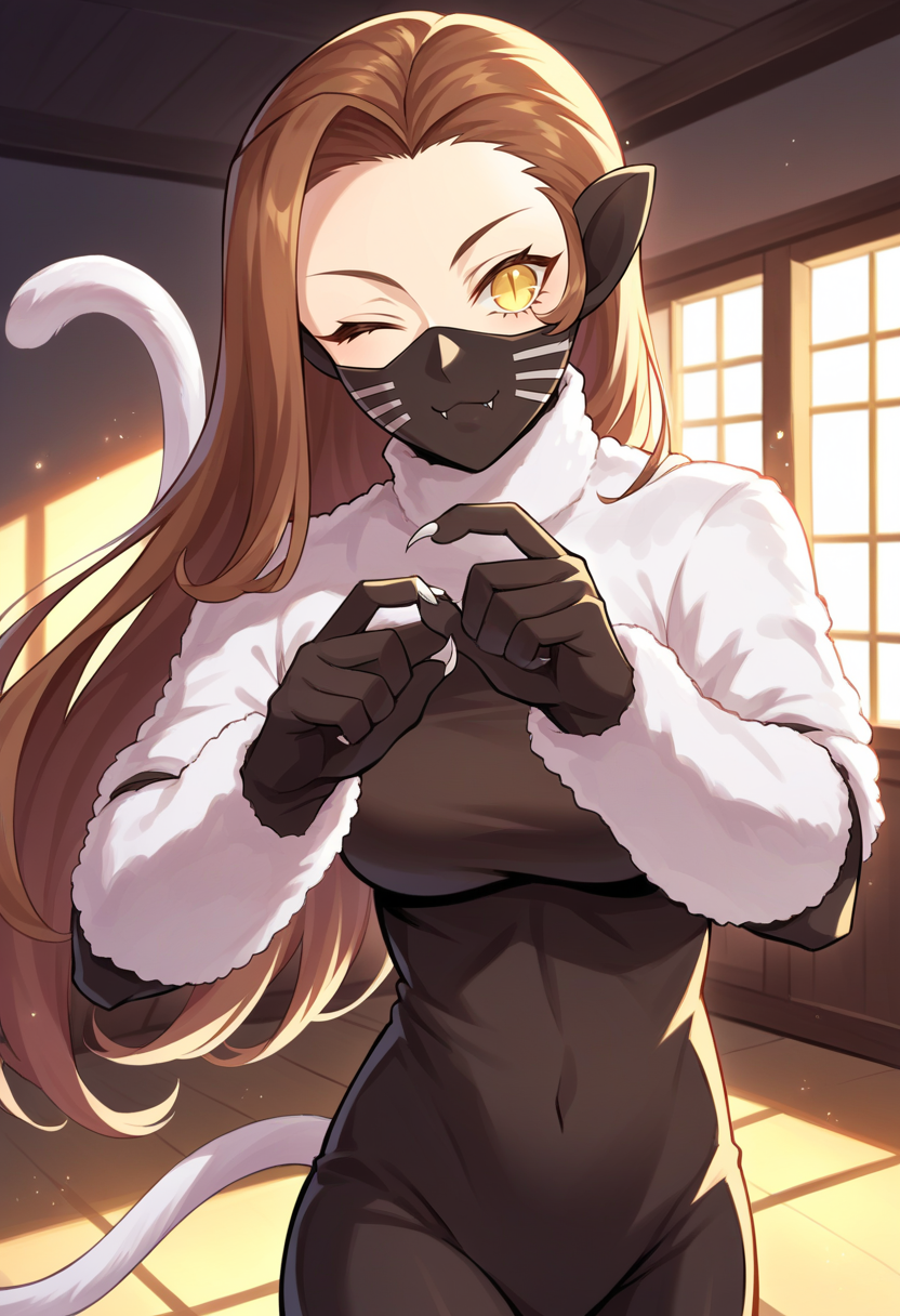 score_9, score_8_up, score_7_up, source_anime BREAK 1girl, solo,
 <lora:zs_NekomataXL:1> nekomatasmt, brown hair, long hair, yellow eyes, slit eyes, cat tail, animal ears, claws, face mask, bodysuit, bolero, 
cowboy shot, night club, indoors, dark, dynamic pose, wink