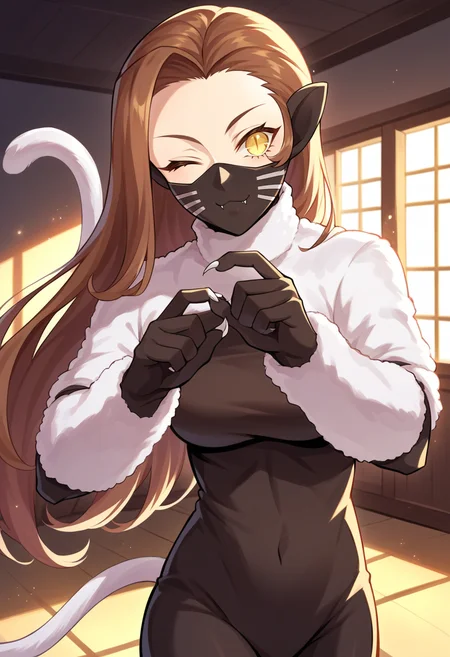 score_9, score_8_up, score_7_up, source_anime BREAK 1girl, solo,
<lora:zs_NekomataXL:1> nekomatasmt, brown hair, long hair, yellow eyes, slit eyes, cat tail, animal ears, claws, face mask, bodysuit, bolero,
cowboy shot, night club, indoors, dark, dynamic pose, wink