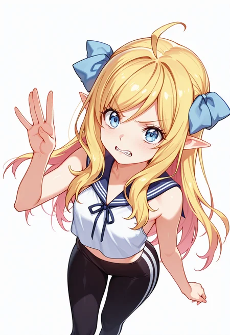 Smooth Quality,masterpiece,very intricate, high quality details, ultra realistic, high detailed skin,detailed enviorement,absurdres,
vulcan salute,
<lora:Jashin-chan_CNR:0.8> jashin_cnr, 1girl, blonde hair, long hair, ahoge, blue eyes, pointy ears, fangs, hair ribbon,legs,, simple background, white background, dutch angle,solo,, grimace,, halter top, ,sailor shirt, ,leggings, ,