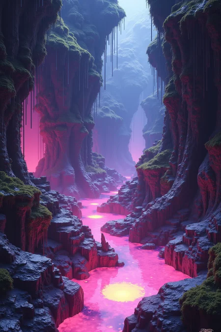 with pools of glowing water, with intricate textures and vibrant colors. The scene should include a rich variety of elements, each contributing to the overall atmosphere. Lighting should be soft, diffused, and natural, enhancing the depth and realism of the scene. The mood is to be calm yet vibrant, creating a sense of serenity and wonder. Every detail in the scene should be meticulously rendered, emphasizing the contrast between light and shadow, and capturing the fine textures and subtle gradients. The color palette should be carefully chosen to evoke emotion, with each hue enhancing the aesthetic appeal of the overall composition. The final image should be immersive and captivating, drawing the viewer into its intricately detailed world.