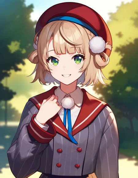 score_9,score_8_up,score_7_up,score_6_up BREAK official art,solo,outdoors,upper body,portrait,looking at viewer,facing viewer,smile,shigure ui (vtuber),beret,red headwear,light brown hair,short hair,hair rings,pom pom hair ornament,side braid,french braid,blunt bangs,green eyes,school uniform,grey jacket,vertical-striped jacket,red sailor collar,neck ribbon,pom pom (clothes),collared shirt,white shirt,long sleeves,red wrist cuffs,double-breasted,grey skirt,pleated skirt,vertical-striped skirt,red socks,loafers,<lora:Shigure Ui(vtuber)-Pony:1.4>,<lora:Smooth Anime Style LoRA XL:0.8>,
