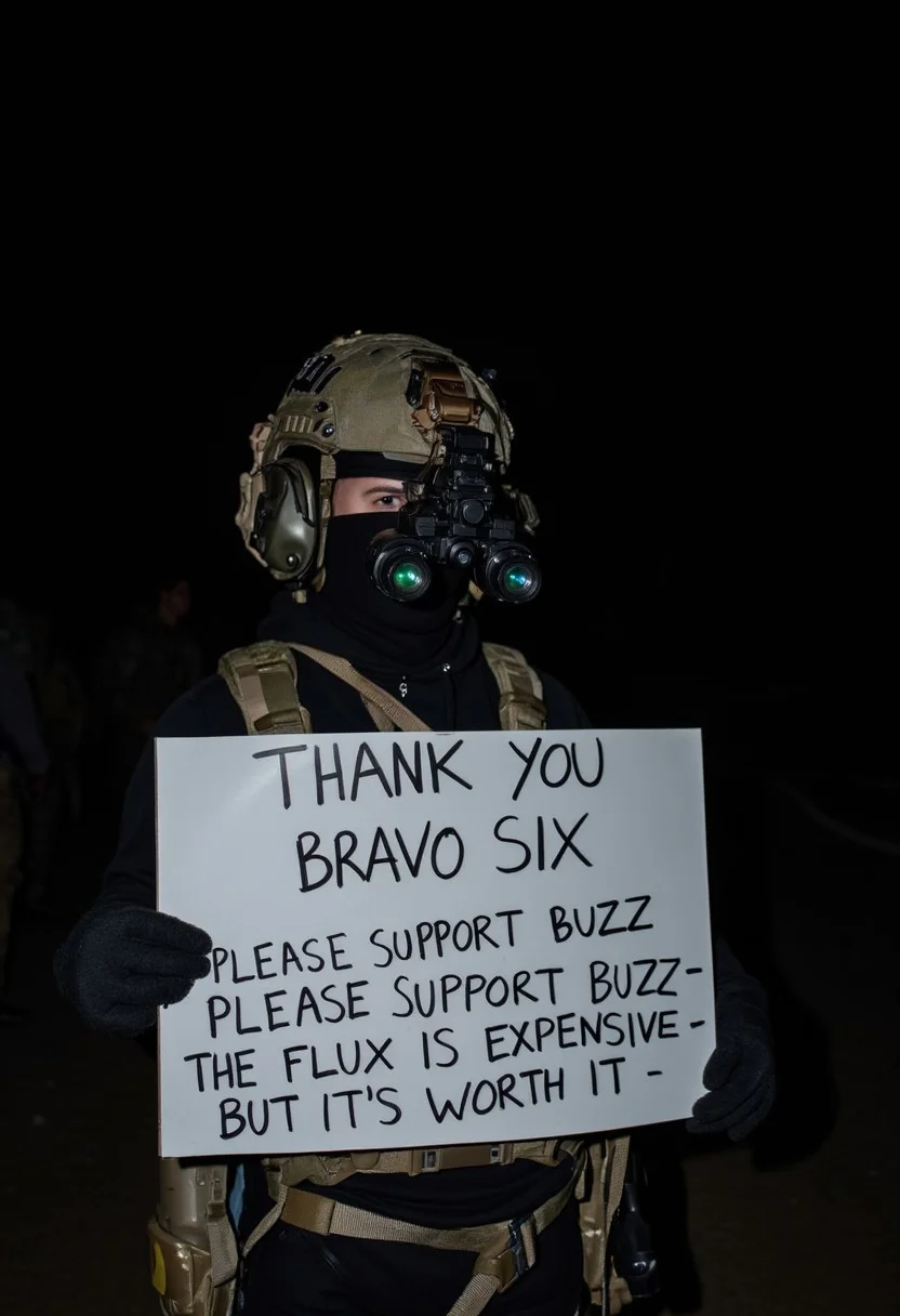 holding sign, "THANK YOU BRAVO SIX - PLEASE SUPPORT BUZZ - THE FLUX IS EXPENSIVE - BUT IT'S WORTH IT", a person wearing a black tactical balaclava, a modern military helmet equipped with night vision goggles, dressed in black tactical combat gear, in a dark camp at night, the night vision goggles are two black tubes that glow slightly green.