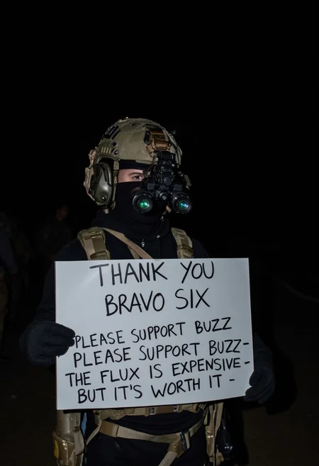 holding sign, "THANK YOU BRAVO SIX - PLEASE SUPPORT BUZZ - THE FLUX IS EXPENSIVE - BUT IT'S WORTH IT", a person wearing a black tactical balaclava, a modern military helmet equipped with night vision goggles, dressed in black tactical combat gear, in a dark camp at night, the night vision goggles are two black tubes that glow slightly green.