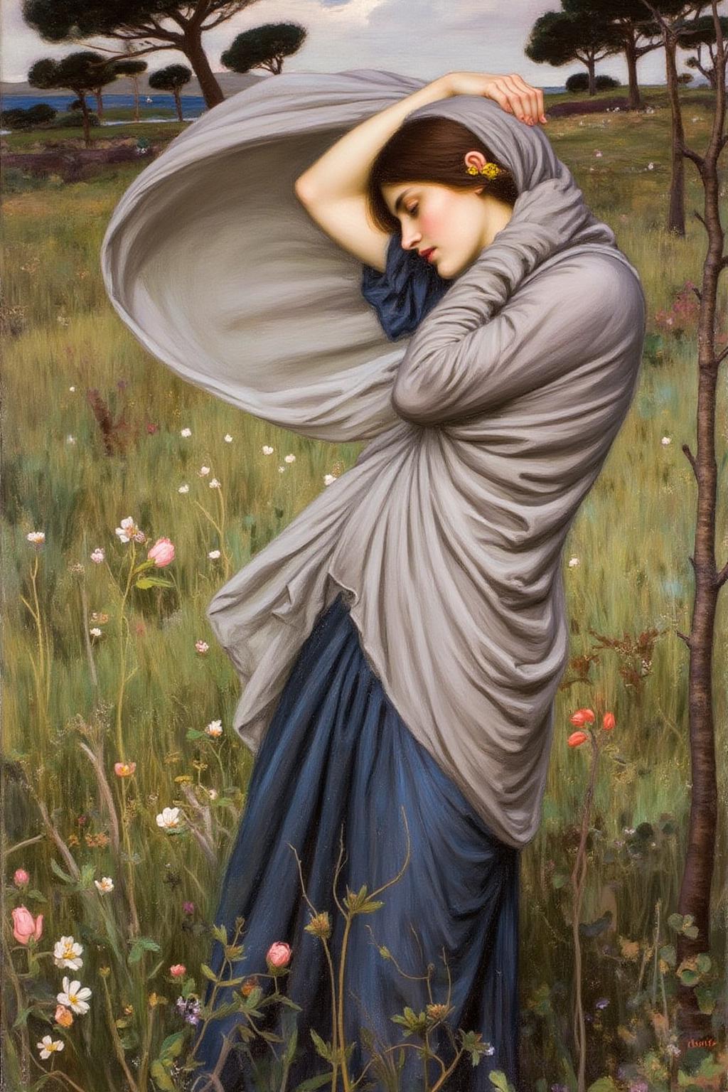 jwwaterhouse1 painting. 
A young woman, shown in side profile, is standing outdoors in a windswept landscape, She wears a flowing, pale blue gown, with soft, delicate folds and intricate detail. Her long, purple shawl is swept back by the strong wind as she clutches it around her shoulders. The background features a wild, windswept meadow with scattered blooming flowers bending in the wind. <lora:jwwaterhouse1_cap_d6a3e11:1.0><lora:829516828347858864:0>