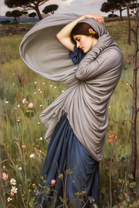 jwwaterhouse1 painting.
A young woman, shown in side profile, is standing outdoors in a windswept landscape, She wears a flowing, pale blue gown, with soft, delicate folds and intricate detail. Her long, purple shawl is swept back by the strong wind as she clutches it around her shoulders. The background features a wild, windswept meadow with scattered blooming flowers bending in the wind. <lora:jwwaterhouse1_cap_d6a3e11:1.0><lora:829516828347858864:0>
