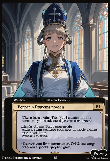 c4rd,english text,character name,
church, indoors, light beam, dusk, sunlight, fog, smiling,
PopeJoan, long hair, braided hair rings, PopeJoanBase, long hair, braided hair rings, mitre, blue headwear, white dress, jewelry, juliet sleeves, blue cape
,score_9,score_8_up,score_7_up, source_anime,
<lora:MTG_card_v2:1> <lora:ChamPopeJoanPonyXL:1>