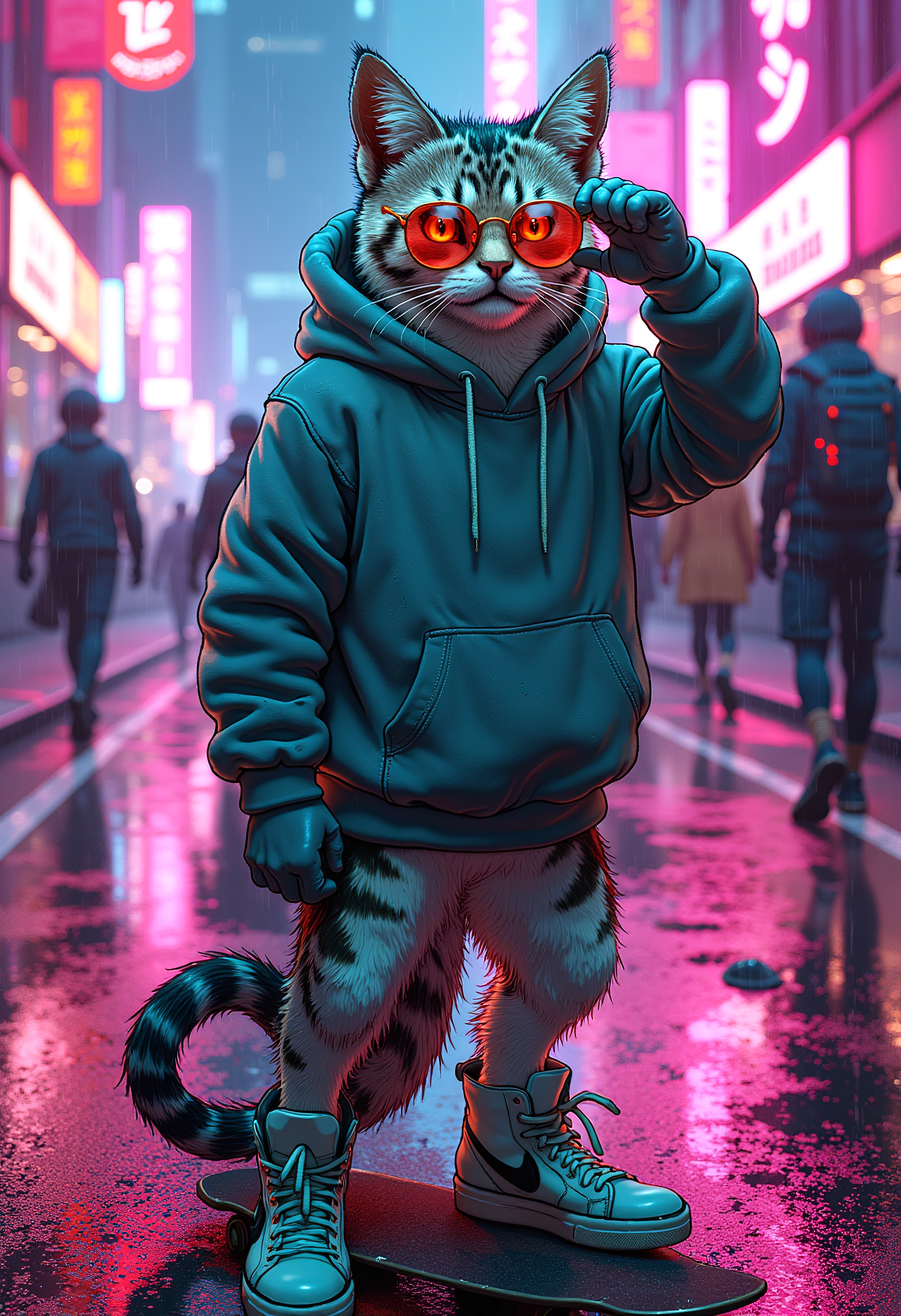 A stylish anthropomorphic cat wearing a hoodie and high-top sneakers, standing confidently beneath neon lights in a futuristic city. The cat has sleek fur with shades of silver and teal, and glowing eyes reflecting the bright signs above. A skateboard rests at its feet, and its tail curls playfully. Neon pink and blue reflections shimmer on the wet pavement as rain drizzles. A group of cyberpunk-style characters pass by in the background, their outfits glowing under the city lights. The cat adjusts its sunglasses, giving off an effortlessly cool vibe.