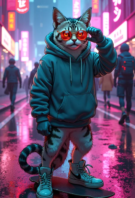 A stylish anthropomorphic cat wearing a hoodie and high-top sneakers, standing confidently beneath neon lights in a futuristic city. The cat has sleek fur with shades of silver and teal, and glowing eyes reflecting the bright signs above. A skateboard rests at its feet, and its tail curls playfully. Neon pink and blue reflections shimmer on the wet pavement as rain drizzles. A group of cyberpunk-style characters pass by in the background, their outfits glowing under the city lights. The cat adjusts its sunglasses, giving off an effortlessly cool vibe.