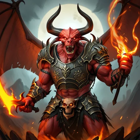 balor, wings, solo, horns, fire, armor, demon, weapon, no humans, red skin, 1boy This image is a highly detailed digital painting of a fantastical, demonic figure. The creature, a demonic warrior, stands in a powerful, dynamic pose, with a menacing expression. Its body is a deep, fiery red, with muscular, imposing physique, and it has a menacing, humanoid form with a mix of human and demonic features. The figure's head is that of a demon, with horns, a snarling mouth, and glowing red eyes.   Its arms are muscular and end in sharp, claw-like hands. The creature wears dark, armor-like shoulder pads on its shoulders, adorned with intricate, glowing patterns that match the fiery aura emanating from it. The armor is black with a hint of dark red, enhancing the fiery theme.  The creature's wings, large and bat-like, are a darker, more muted brown, partially transparent, and seem to be made of a leathery material. Flames and glowing energy swirl around its body, particularly around its wings and hands, adding to the fiery, demonic appearance.  In its right hand, it holds a massive, curved sword with a serrated blade and a handle adorned with skulls, which glows with the same fiery energy as the rest of its body.