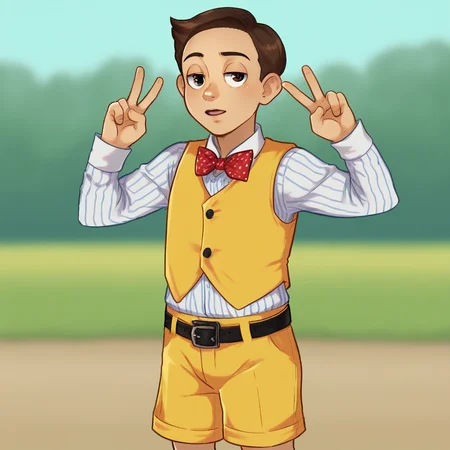 score_9_up, score_8_up, BREAK, Stingy, 1boy, solo, brown hair, short hair, brown eyes, bowtie, yellow vest, striped shirt, belt, yellow shorts, cowboy shot, double v, <lora:Stingy_LazyTown_PXL_Leaf1:1>, outdoors, depth of field,