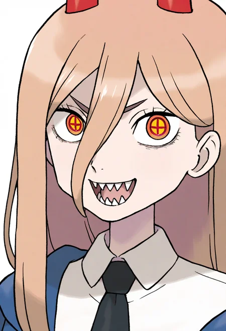sugimori ken,
best quality, amazing quality, very aesthetic, absurdres,
BREAK
1girl, power \(chainsaw man\), pink hair, blonde hair, red horns, red eyes, cross-shaped pupils, long hair, sharp teeth, hair between eyes, symbol-shaped pupils,
collared shirt, black necktie, long sleeves,
looking at viewer, white shirt, open mouth,
simple background, white background, smile, upper body, <lora:KenSugimoriNoob_byKonan:1>