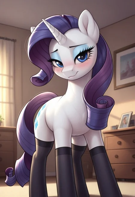 score_9, score_8_up, score_7_up, score_6_up, pony, unicorn, feral, mare, solo, (rarity), no breasts, bedroom, indoors, (night), tail, photo_realistic, blushing female, anatomically correct, looking at you, standing, black stockings, front view, dramatic angle, dynamic pose