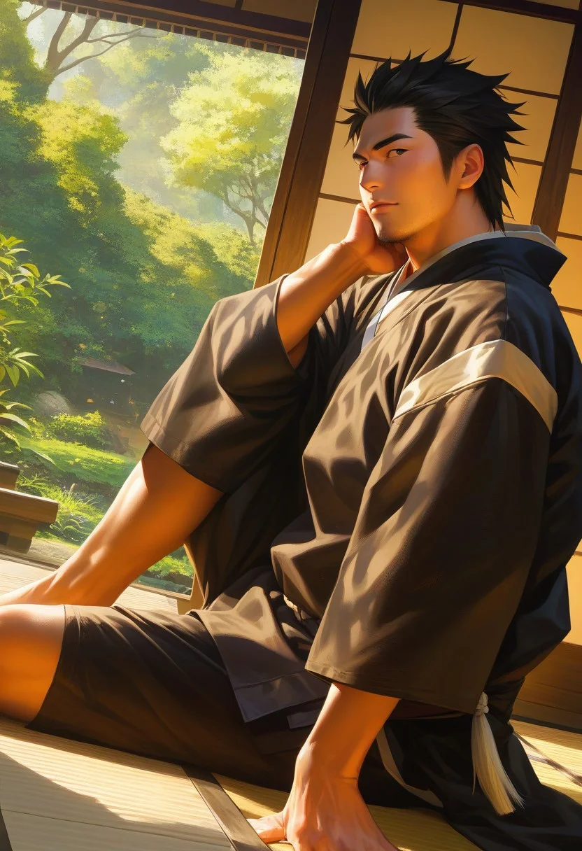 score_9, score_8_up, score_7_up, score_6_up, hannekenjinbei, intdoor, japanese architecture, nature, sunlight, feet out of frame, perfect anatomy, perfect proportions, best quality, masterpiece, high_resolution, high quality, aesthetic, absurdres, (male focus, solo male:1.2), asian man, short hair, black hair, black eyes, facial hair, stubble, clothing, japanese clothing, jinbei \(japanese clothing\), (black jinbei), yarn knitting on sleeves \(japanese clothing\), wide sleeves, short sleeves, side-knot closure clothing, black jinbei half pants, adult, mature, masculine, manly, handsome, charming, alluring, upper body, dutch angle, from side, cowboy shot, sitting on wooden floor, garden, engawa \(japanese architecture\), spread legs