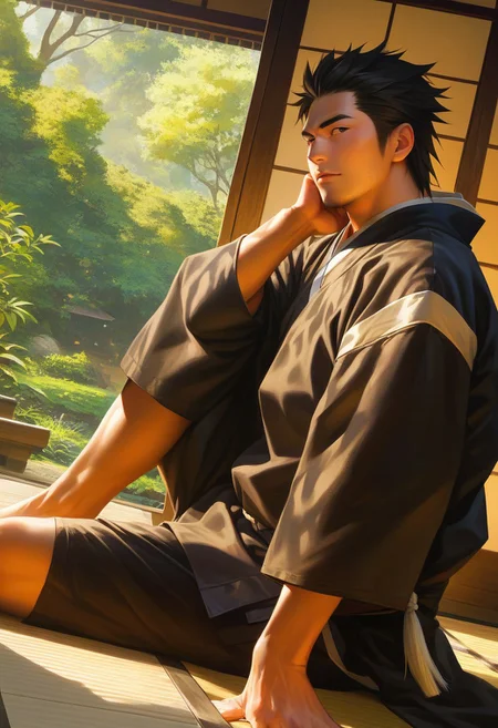score_9, score_8_up, score_7_up, score_6_up, hannekenjinbei, intdoor, japanese architecture, nature, sunlight, feet out of frame, perfect anatomy, perfect proportions, best quality, masterpiece, high_resolution, high quality, aesthetic, absurdres, (male focus, solo male:1.2), asian man, short hair, black hair, black eyes, facial hair, stubble, clothing, japanese clothing, jinbei \(japanese clothing\), (black jinbei), yarn knitting on sleeves \(japanese clothing\), wide sleeves, short sleeves, side-knot closure clothing, black jinbei half pants, adult, mature, masculine, manly, handsome, charming, alluring, upper body, dutch angle, from side, cowboy shot, sitting on wooden floor, garden, engawa \(japanese architecture\), spread legs