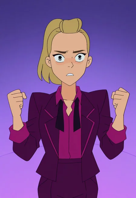 Spopstyle, upper body shot, CHAdora, ADOHair Style, CAMaroon Blazer, Purple Under Shirt, simple background,
BREAK 
Determined: Intense gaze, clenched fists, and a firm expression, showcasing unwavering resolve and focus