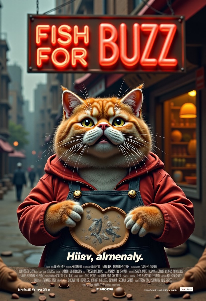 a realistic picture, , ((cute fat orange cat wearing hoodie with apron  standing in front of his fish stall in fish market, on top of his street stall ,The neon signs glow warmly reads "fish for Buzz ", creating a nostalgic atmosphere (dynamic lighting:1,0),  background, ruined market after war, in midle eastern country ,(intricate details,naturalism,hyperdetailed,hyperrealistic:1.55)
 mvpstrCE style 
((((Display the text help me with buzz!" on a movie poster)))). no human