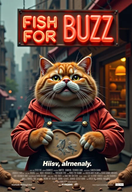a realistic picture, , ((cute fat orange cat wearing hoodie with apron standing in front of his fish stall in fish market, on top of his street stall ,The neon signs glow warmly reads "fish for Buzz ", creating a nostalgic atmosphere (dynamic lighting:1,0), background, ruined market after war, in midle eastern country ,(intricate details,naturalism,hyperdetailed,hyperrealistic:1.55)
mvpstrCE style
((((Display the text help me with buzz!" on a movie poster)))). no human