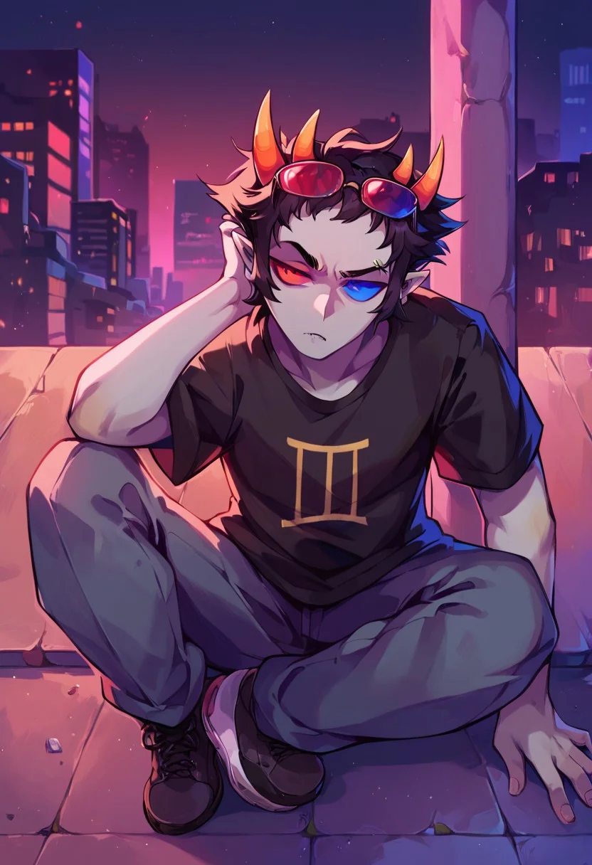 score_9, score_8_up, score_7_up, score_6_up, Sollux Captor, grey skin, black hair, four horns, blue and red pupils, looking concerned, looking to the viewer, sidelong glance,, raised eyebrow, confused expression, outdoors, city, night, sitting on sidewalk, full body, hand behind head, tired, messy hair, high angle,