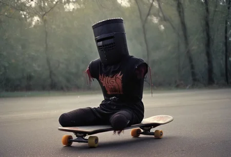 Closeup of the black Knight without limbs and with severed arms and severed legs, sitting on skatebord down a hill, <lora:Dont_Stop_Me_Now:0.9>,
35mm photograph, film, bokeh, professional, 4k, highly detailed
