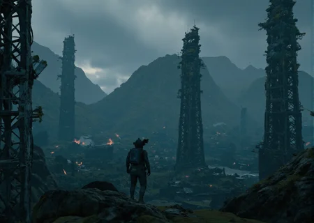Professional digital game background of ruined city with crumbling metal towers. Dark and blue colors, highly detailed, realistic textures, intricate designs, <lora:Death_Stranding_Style-000001:1> Death Stranding Style