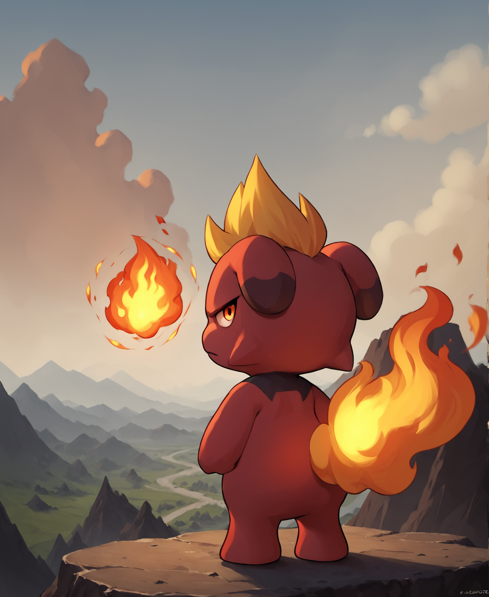 score_9, score_8_up, score_7_up, score_6_up, score_5_up, score_4_up, detailed background, volcano, cliff, rear view BREAK
<lora:Depresso_PDXL_v21-000010:1> depresso, red body, yellow hair, orange eyes, yellow tail, looking at viewer, looking back, standing, fireball, (magic user:1.1)