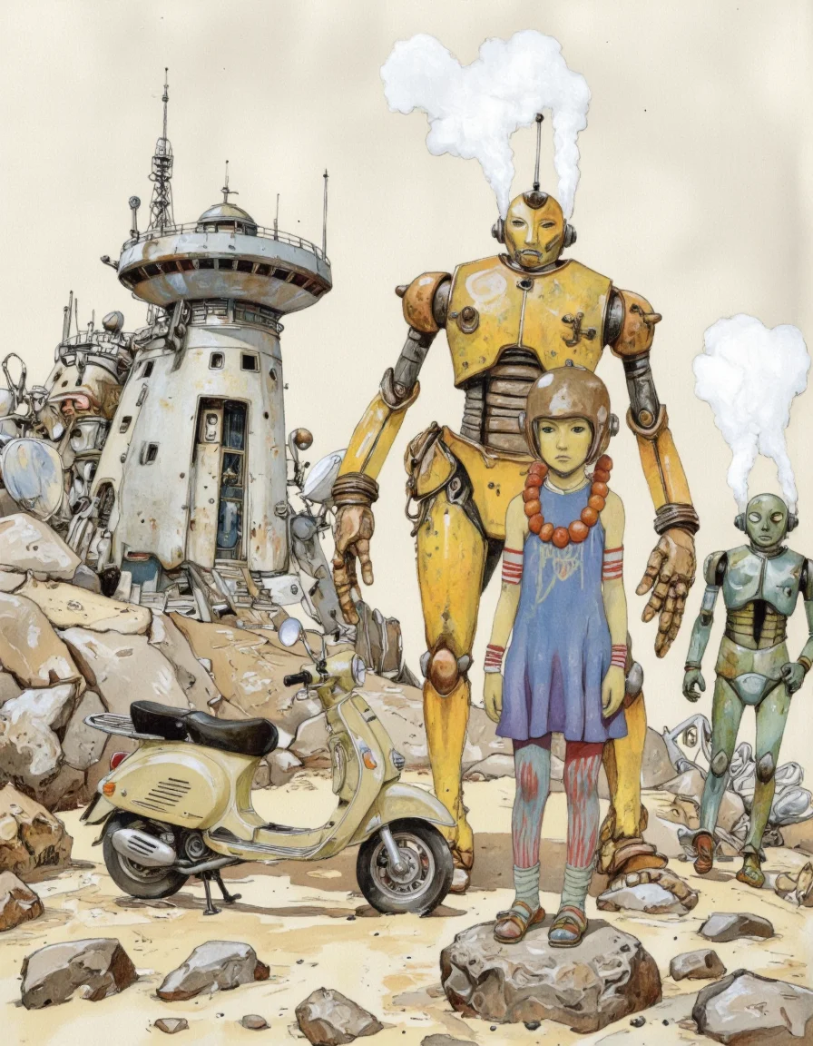 By Taiyo Matsumoto. A detailed, digitally illustrated scene featuring a futuristic, steampunk-inspired setting. The central figure is a young person with a yellowish complexion, dressed in a blue and red striped dress with a purple skirt and matching striped leggings. They wear a large, brown helmet with a small antenna and a round, orange visor. The person's expression is calm and composed, with their hands resting at their sides.
In the background, there are two large, humanoid robots standing on a rocky, sandy terrain. One robot is tall and slender, with a yellowish color and a cylindrical body, while the other is shorter and more compact, with a greenish hue. Both robots have visible mechanical details, including joints and pipes, and they are emitting steam from their upper bodies, suggesting they are powered by steam engines.
To the left of the central figure, there is a vintage, cream-colored scooter with a black seat and handlebars, parked on the ground. The background also includes a futuristic structure with various antennae and satellite dishes, suggesting a high-tech facility. The overall color palette is muted, with earthy tones and metallic shades, giving the scene a nostalgic yet futuristic feel. <lora:Taiyo_Matsumoto-000008:1>
