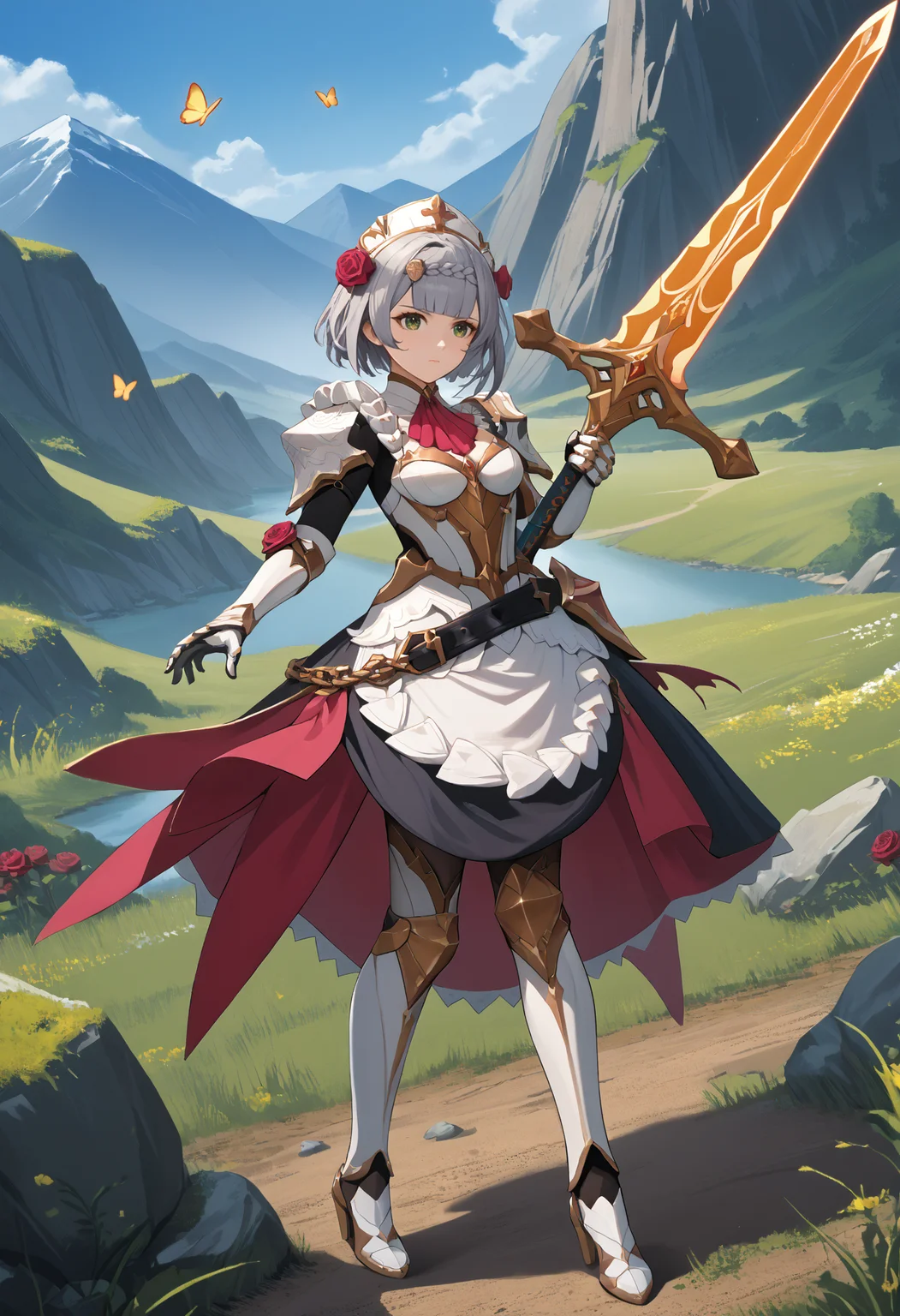 score_9, score_8_up, score_7_up, source_anime BREAK 1girl, solo, <lora:noelle-gi-richy-v1_pdxl:1> nldf, green eyes, grey hair, short hair, braid, blunt bangs, hair ornament, maid headdress, hair flower, red rose, pink ascot, breastplate, breasts, cleavage, bodystocking, shoulder armor, armored dress, single shoulder pad, white gauntlets, belt, maid apron, pantyhose, armored boots, high heel boots, full body, standing, greatsword, huge weapon, holding, fighting stance, mountain, fantasy, outdoors, blue sky, dynamic pose, looking at viewer, closed mouth, fehspc, full body, standing <lora:feh-style-richy-v1_pdxl:1> rock, orange butterfly, crystalfly \(genshin impact\), radiant, glowing, planted sword, thighs